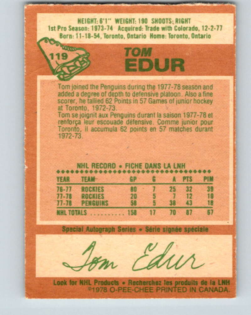 1978-79 O-Pee-Chee #119 Tom Edur  St. Louis Blues  V22558
