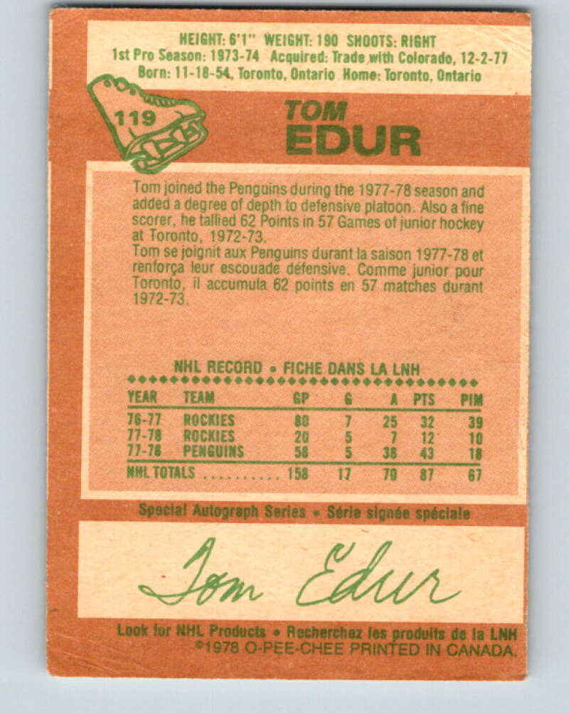 1978-79 O-Pee-Chee #119 Tom Edur  St. Louis Blues  V22559