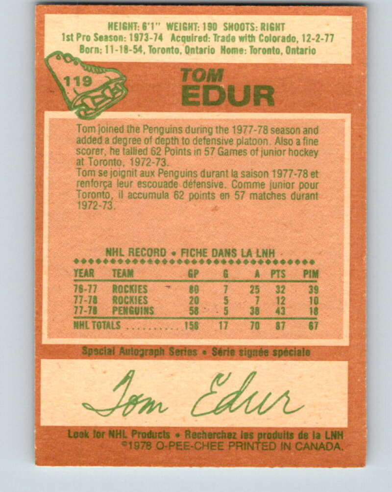 1978-79 O-Pee-Chee #119 Tom Edur  St. Louis Blues  V22560