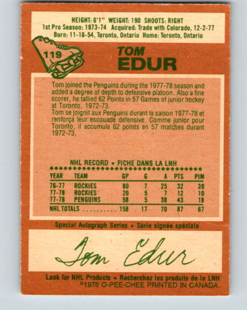 1978-79 O-Pee-Chee #119 Tom Edur  St. Louis Blues  V22561