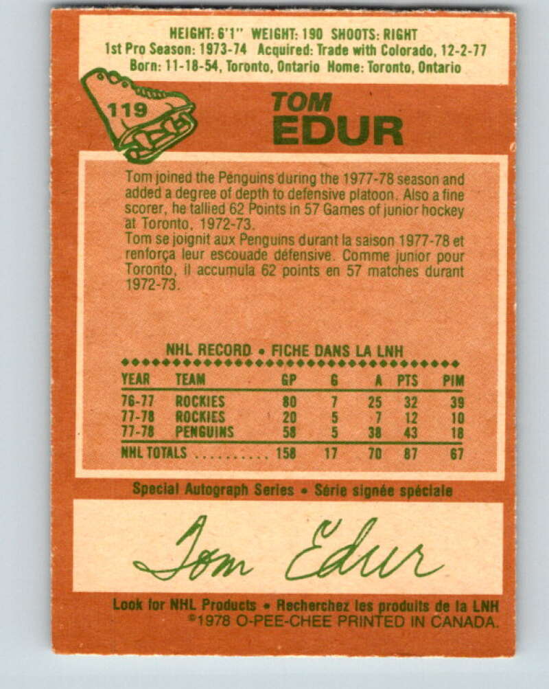 1978-79 O-Pee-Chee #119 Tom Edur  St. Louis Blues  V22562