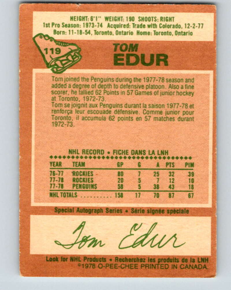 1978-79 O-Pee-Chee #119 Tom Edur  St. Louis Blues  V22566