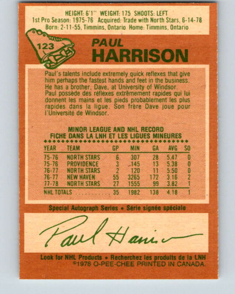 1978-79 O-Pee-Chee #123 Paul Harrison RC Rookie Maple Leafs  V22625