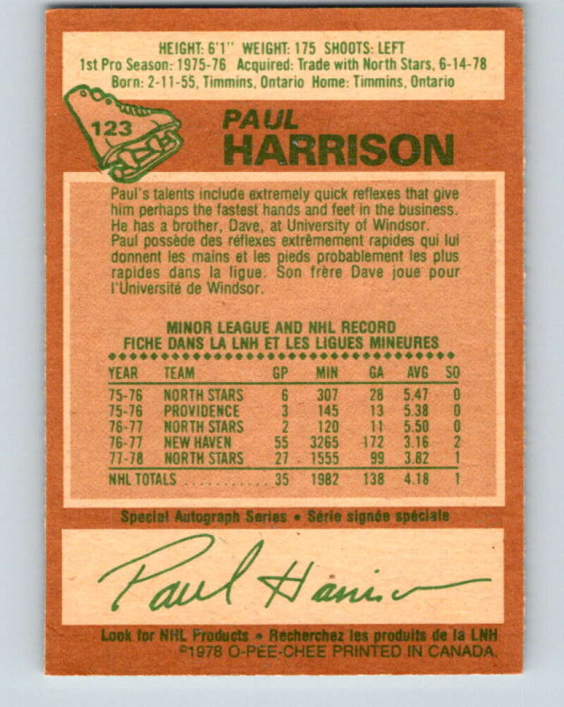 1978-79 O-Pee-Chee #123 Paul Harrison RC Rookie Maple Leafs  V22626