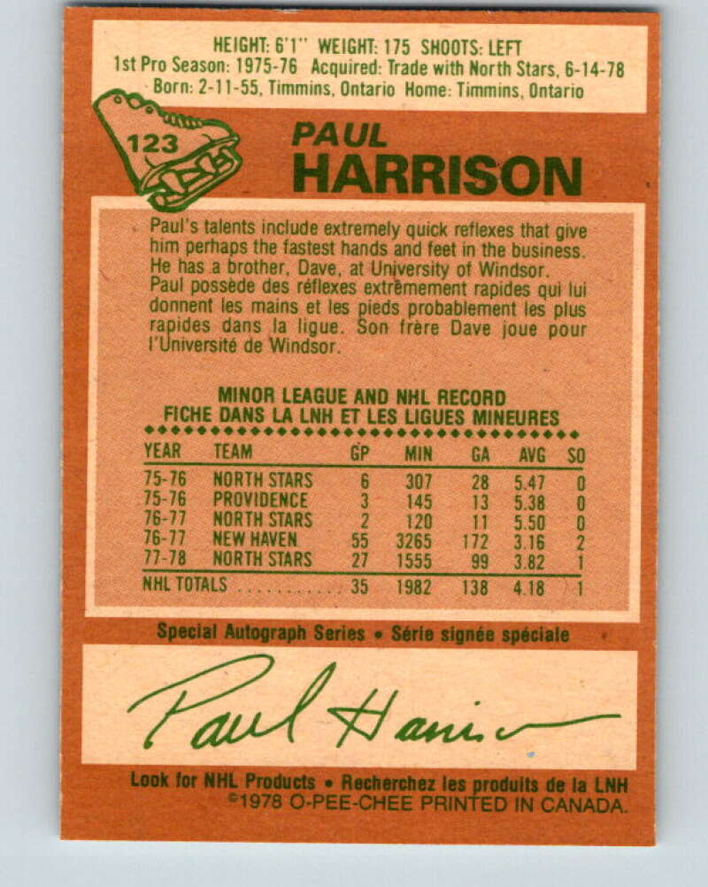 1978-79 O-Pee-Chee #123 Paul Harrison RC Rookie Maple Leafs  V22637