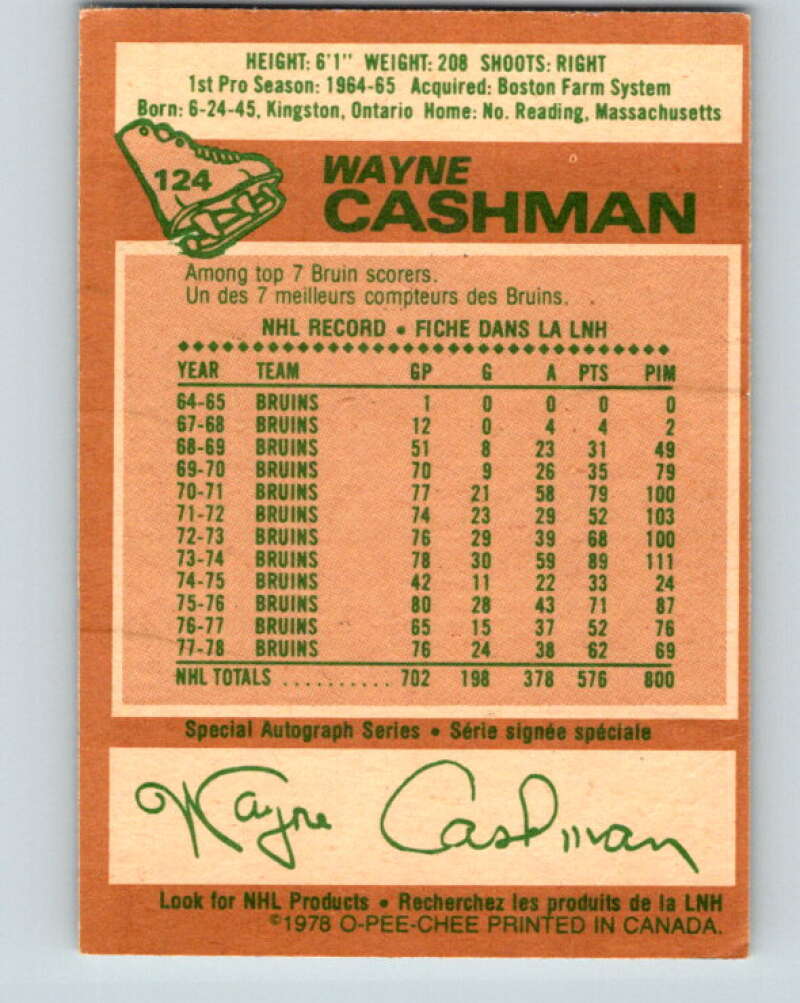 1978-79 O-Pee-Chee #124 Wayne Cashman  Boston Bruins  V22643
