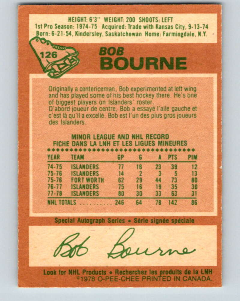1978-79 O-Pee-Chee #126 Bob Bourne  New York Islanders  V22675