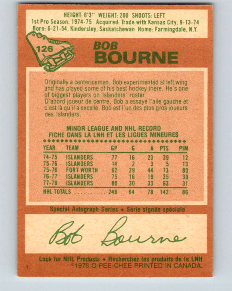 1978-79 O-Pee-Chee #126 Bob Bourne  New York Islanders  V22676