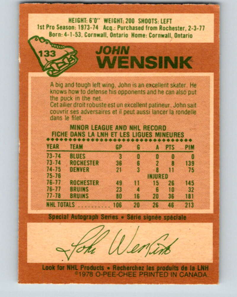 1978-79 O-Pee-Chee #133 John Wensink  RC Rookie Boston Bruins  V22779