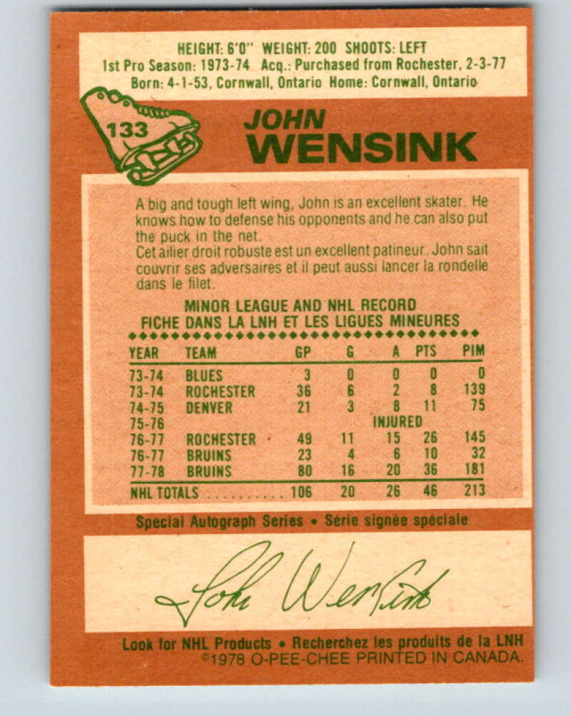 1978-79 O-Pee-Chee #133 John Wensink  RC Rookie Boston Bruins  V22781