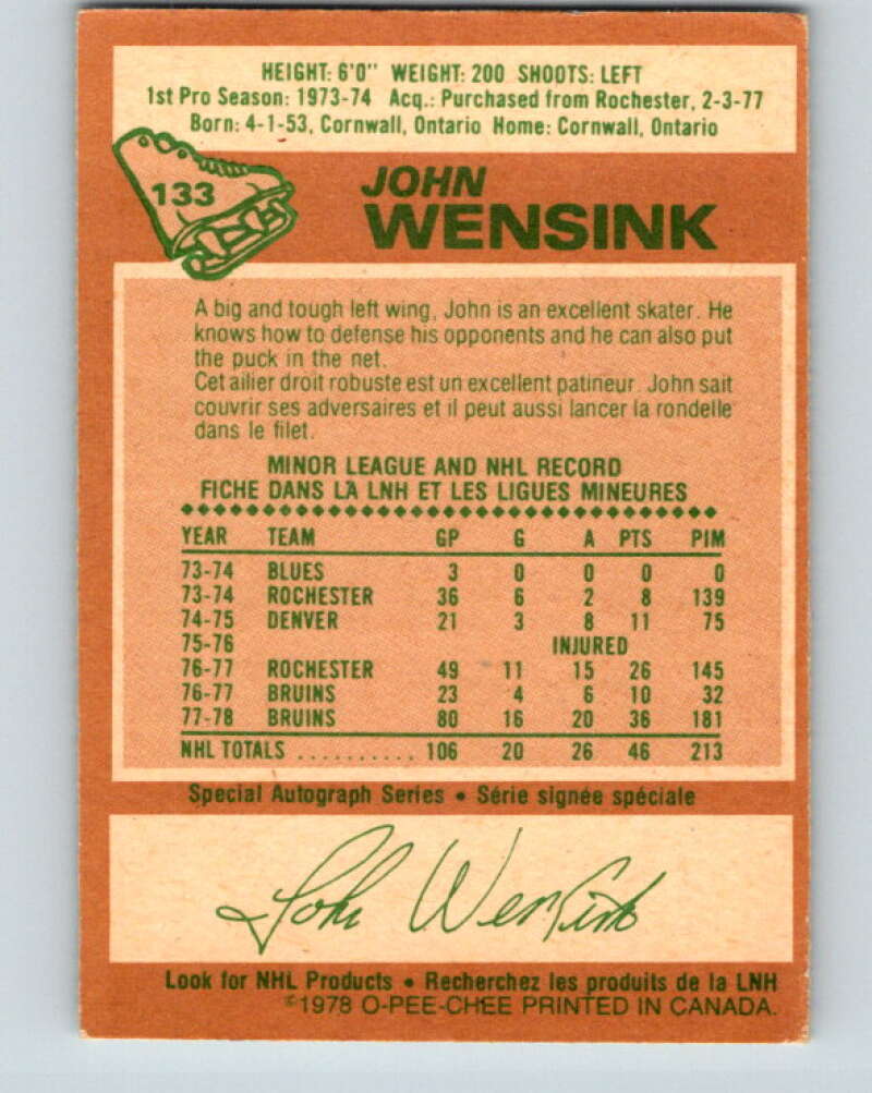 1978-79 O-Pee-Chee #133 John Wensink  RC Rookie Boston Bruins  V22782