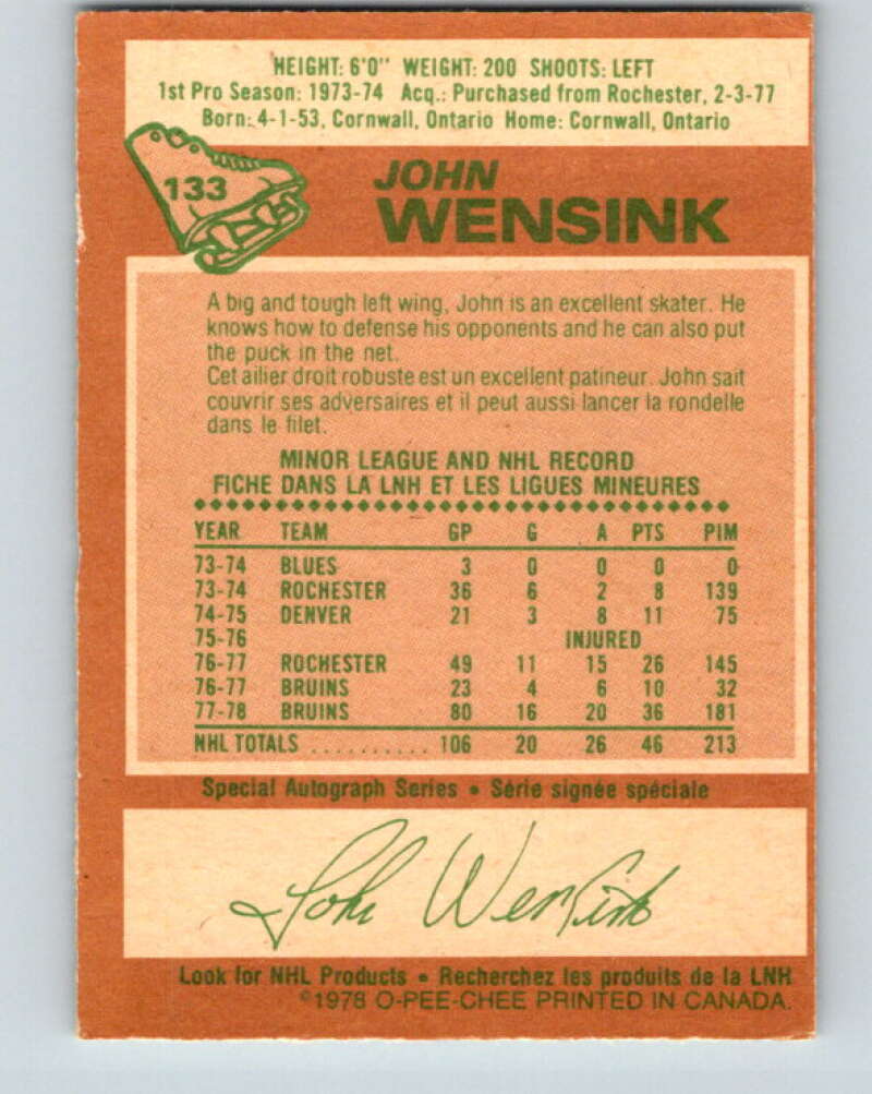1978-79 O-Pee-Chee #133 John Wensink  RC Rookie Boston Bruins  V22784