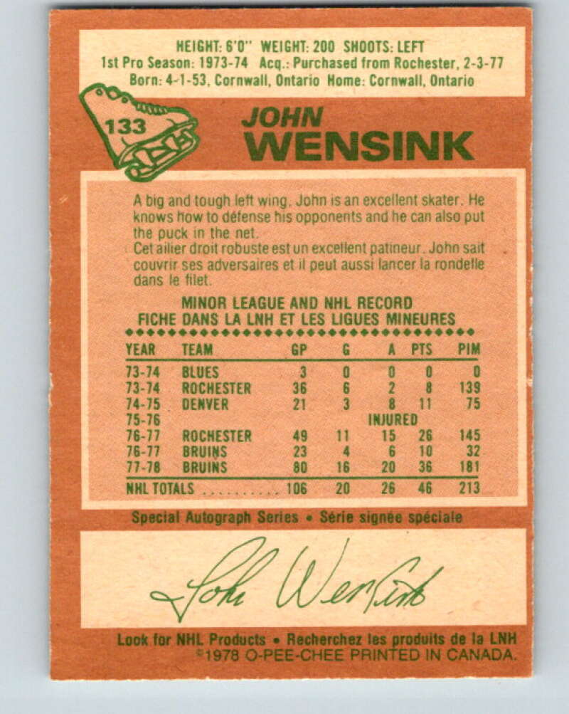 1978-79 O-Pee-Chee #133 John Wensink  RC Rookie Boston Bruins  V22785