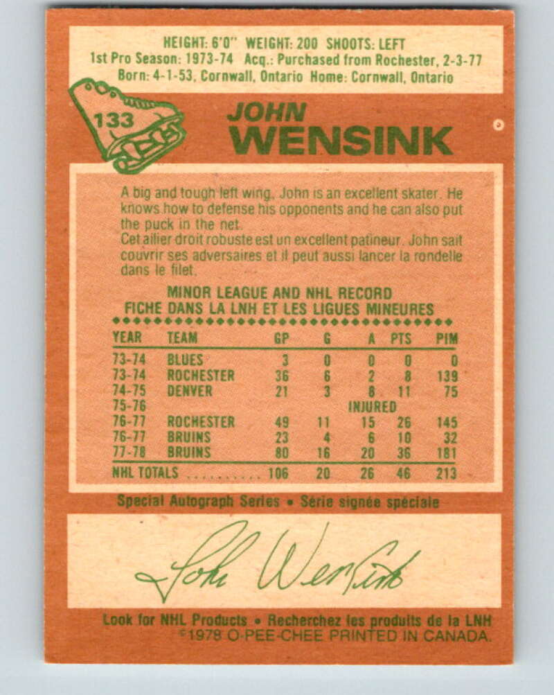 1978-79 O-Pee-Chee #133 John Wensink  RC Rookie Boston Bruins  V22786