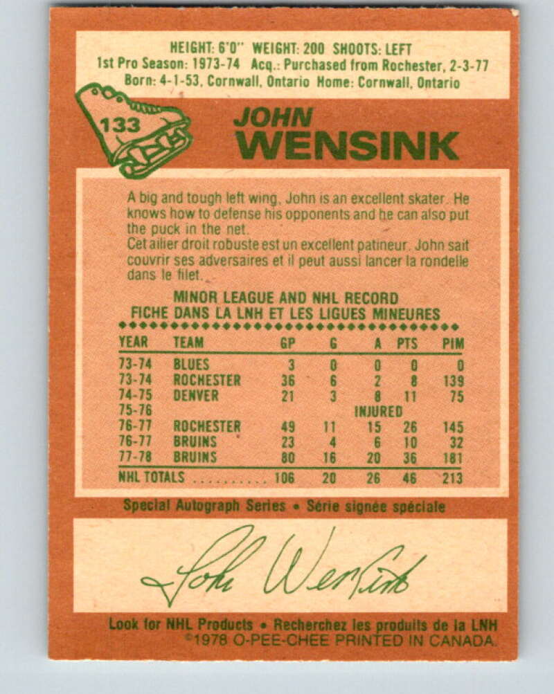 1978-79 O-Pee-Chee #133 John Wensink  RC Rookie Boston Bruins  V22787