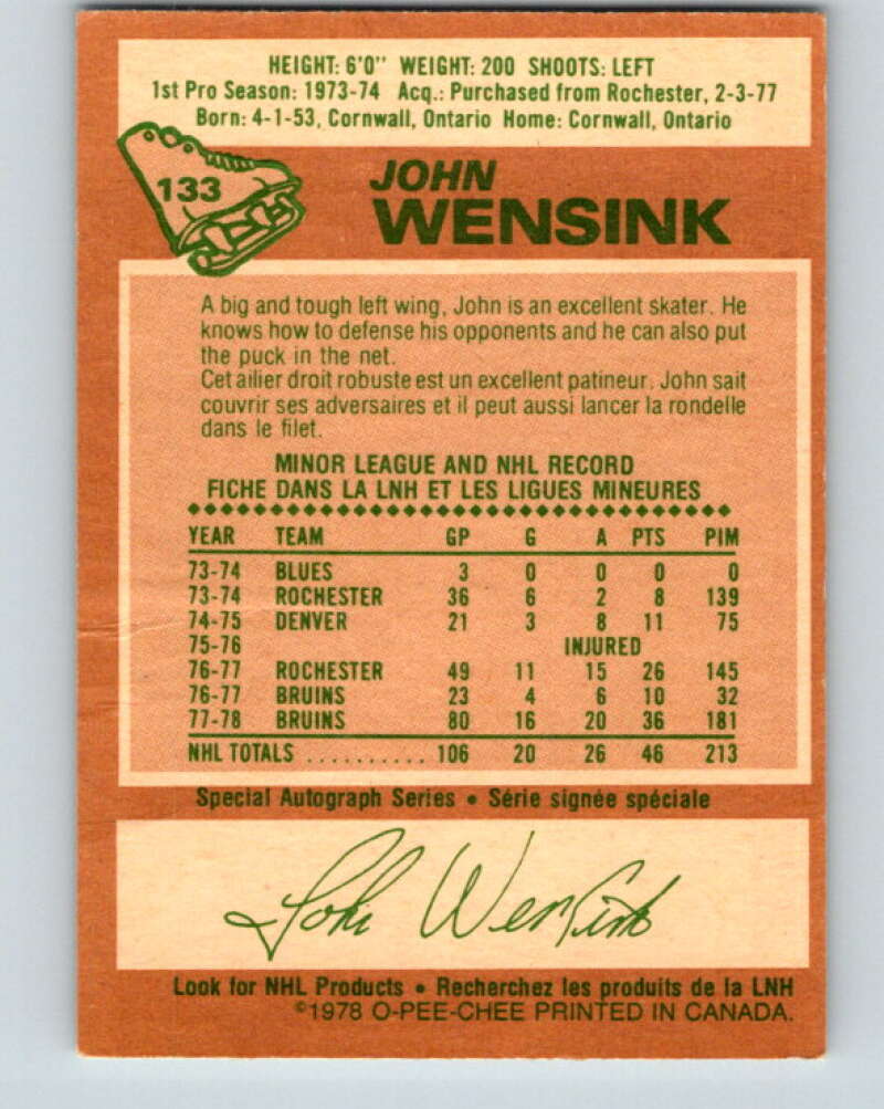 1978-79 O-Pee-Chee #133 John Wensink  RC Rookie Boston Bruins  V22790