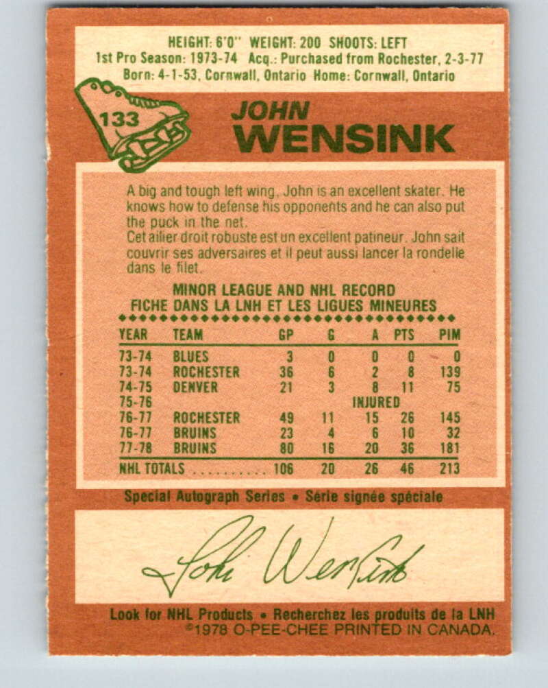 1978-79 O-Pee-Chee #133 John Wensink  RC Rookie Boston Bruins  V22794