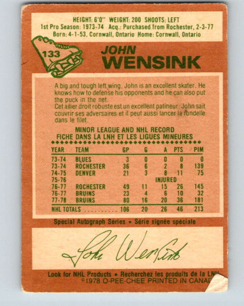 1978-79 O-Pee-Chee #133 John Wensink  RC Rookie Boston Bruins  V22796