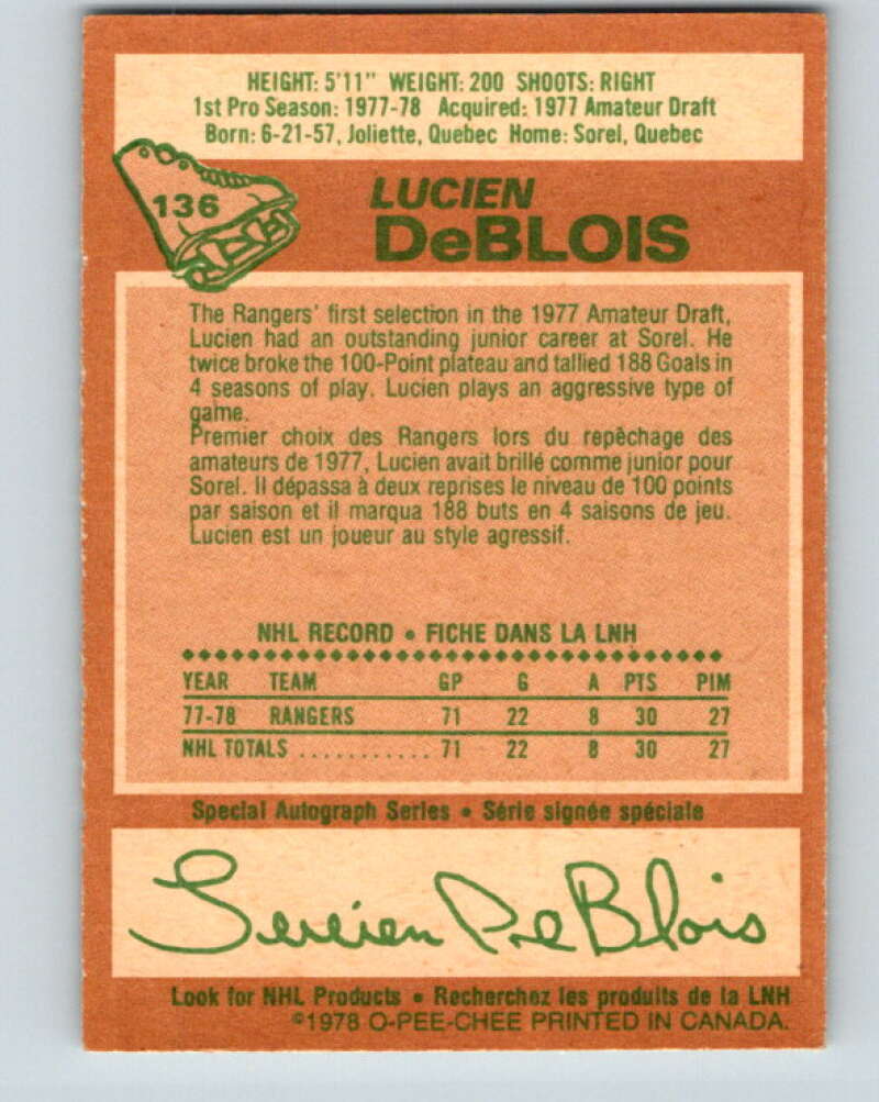 1978-79 O-Pee-Chee #136 Lucien DeBlois RC Rookie Rangers  V22818