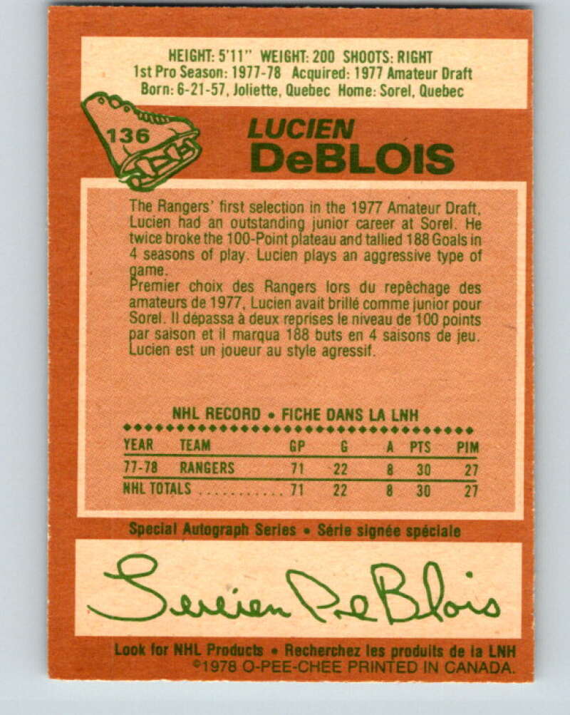1978-79 O-Pee-Chee #136 Lucien DeBlois RC Rookie Rangers  V22822