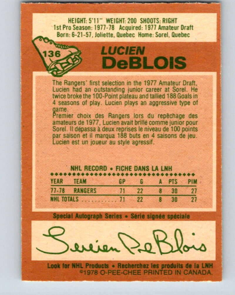 1978-79 O-Pee-Chee #136 Lucien DeBlois RC Rookie Rangers  V22823