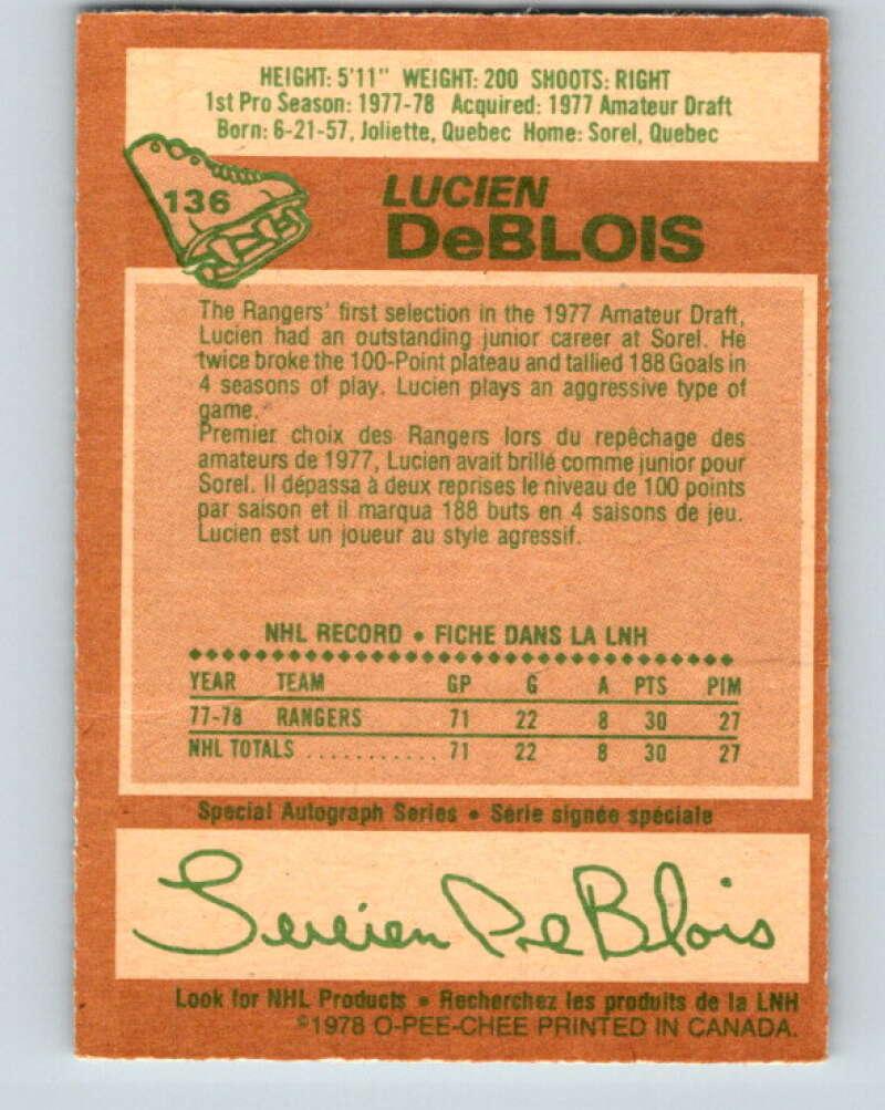 1978-79 O-Pee-Chee #136 Lucien DeBlois RC Rookie Rangers  V22830