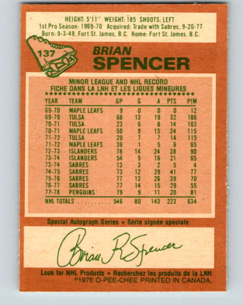 1978-79 O-Pee-Chee #137 Brian Spencer  Pittsburgh Penguins  V22832