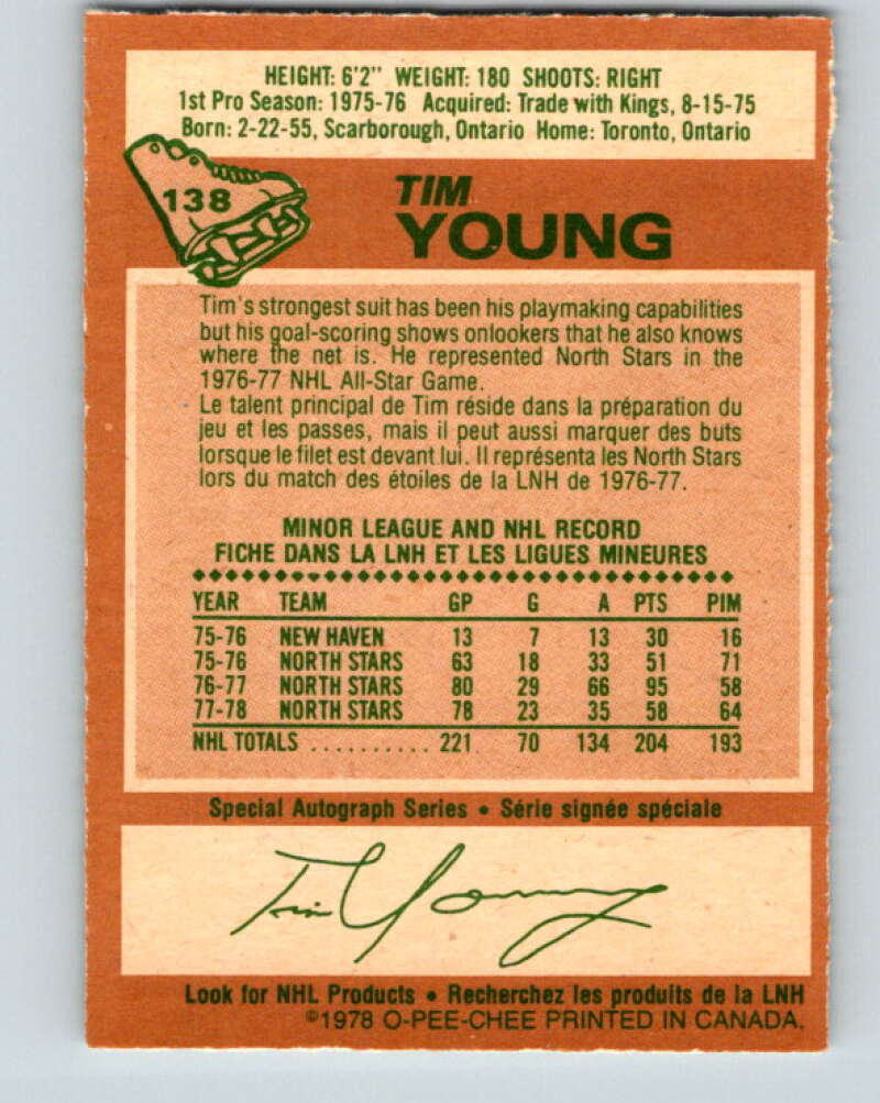 1978-79 O-Pee-Chee #138 Tim Young  Minnesota North Stars  V22858