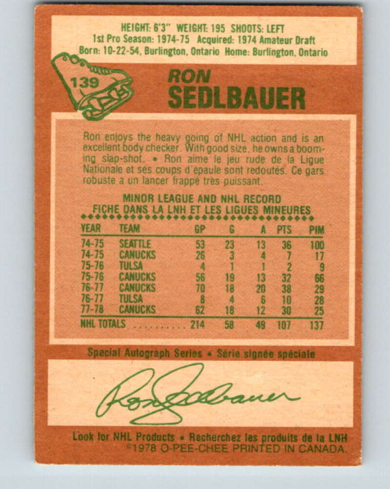 1978-79 O-Pee-Chee #139 Ron Sedlbauer  Vancouver Canucks  V22860