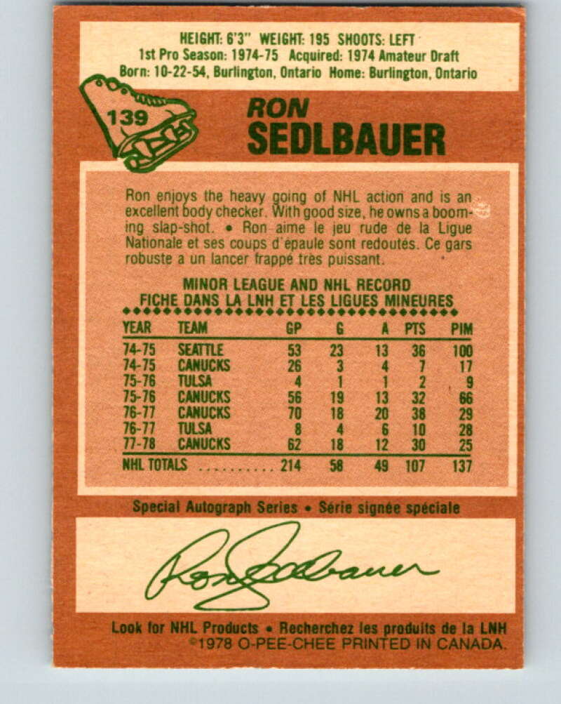 1978-79 O-Pee-Chee #139 Ron Sedlbauer  Vancouver Canucks  V22862