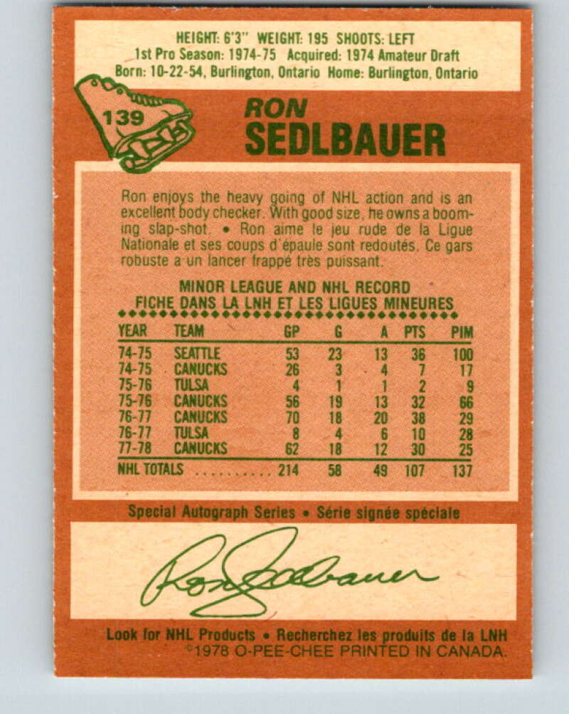 1978-79 O-Pee-Chee #139 Ron Sedlbauer  Vancouver Canucks  V22866