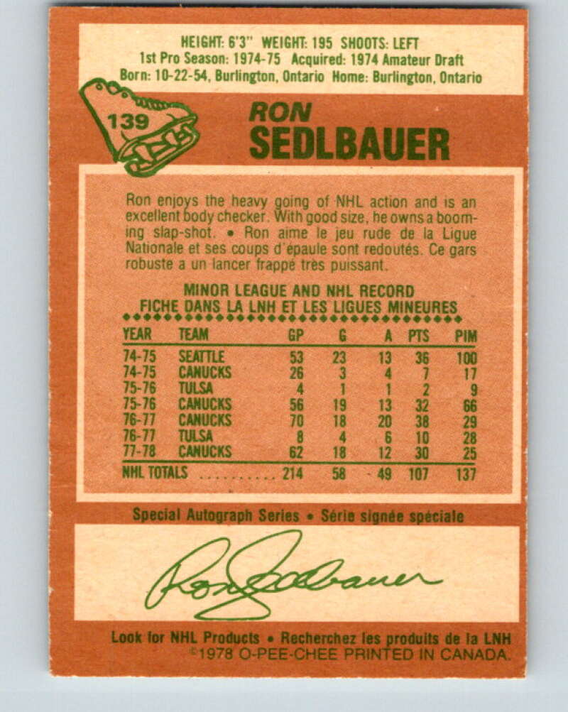 1978-79 O-Pee-Chee #139 Ron Sedlbauer  Vancouver Canucks  V22868