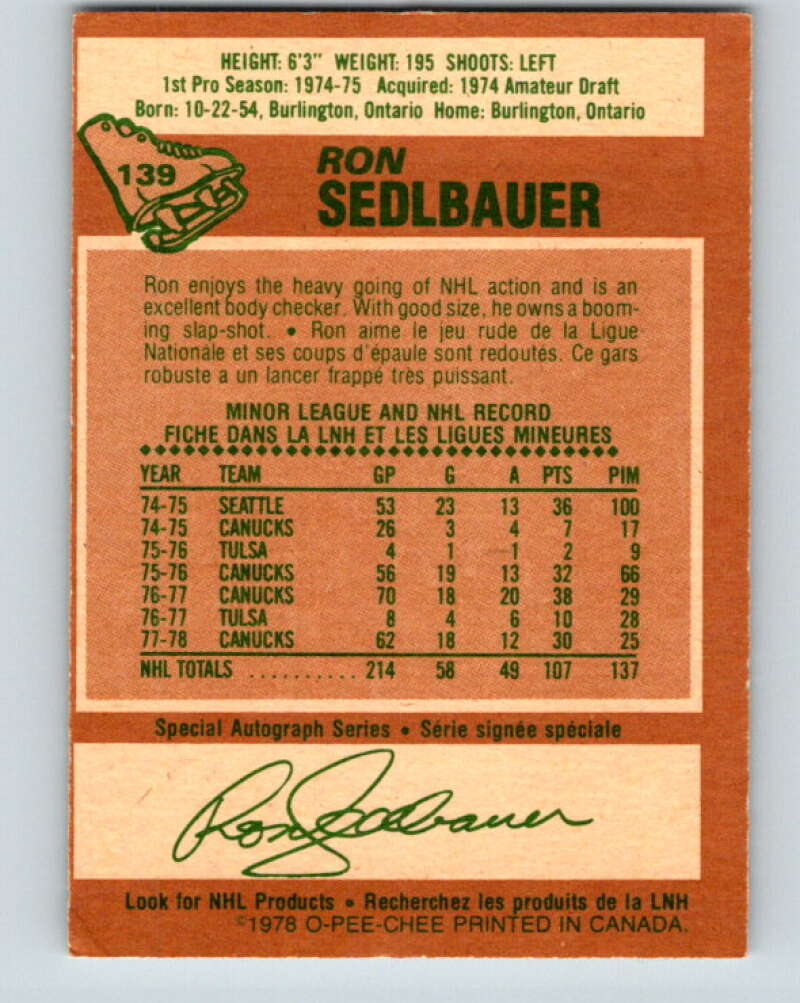 1978-79 O-Pee-Chee #139 Ron Sedlbauer  Vancouver Canucks  V22869
