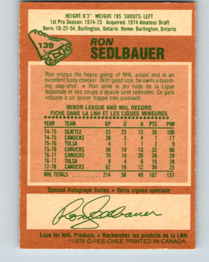 1978-79 O-Pee-Chee #139 Ron Sedlbauer  Vancouver Canucks  V22870
