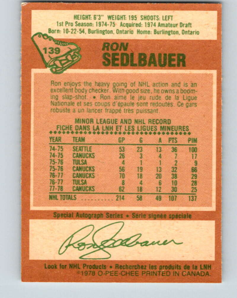 1978-79 O-Pee-Chee #139 Ron Sedlbauer  Vancouver Canucks  V22871