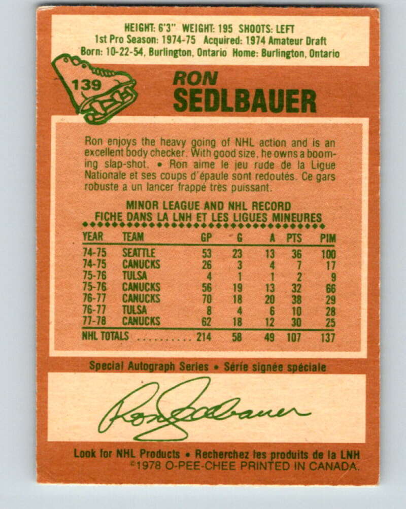 1978-79 O-Pee-Chee #139 Ron Sedlbauer  Vancouver Canucks  V22872