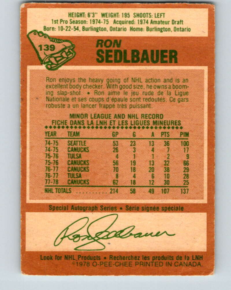 1978-79 O-Pee-Chee #139 Ron Sedlbauer  Vancouver Canucks  V22873