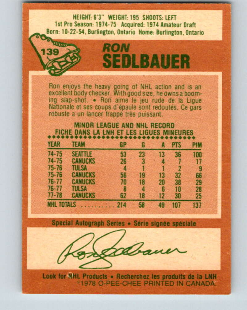 1978-79 O-Pee-Chee #139 Ron Sedlbauer  Vancouver Canucks  V22875