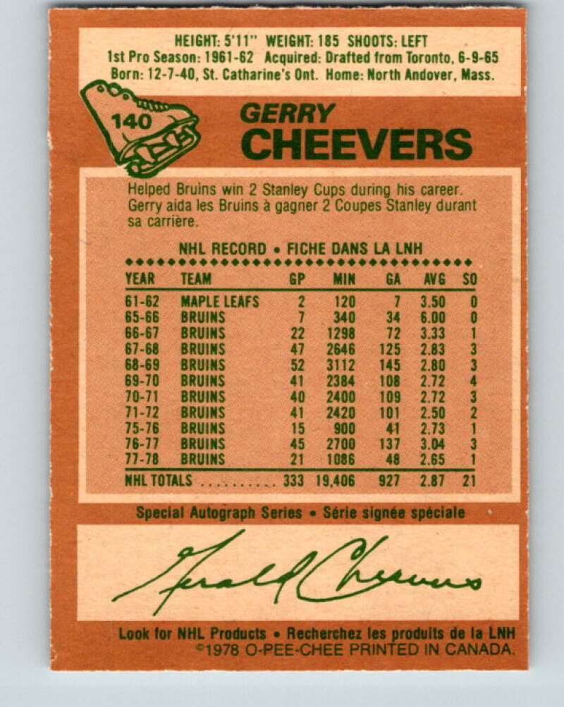 1978-79 O-Pee-Chee #140 Gerry Cheevers  Boston Bruins  V22876