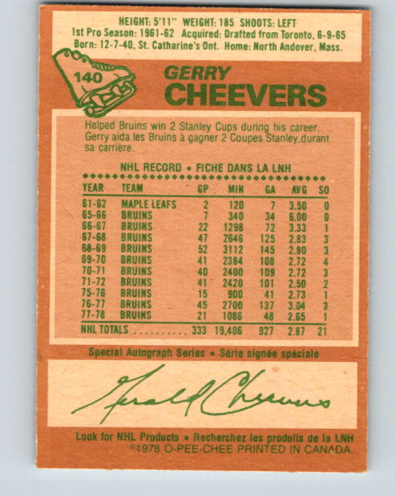 1978-79 O-Pee-Chee #140 Gerry Cheevers  Boston Bruins  V22878