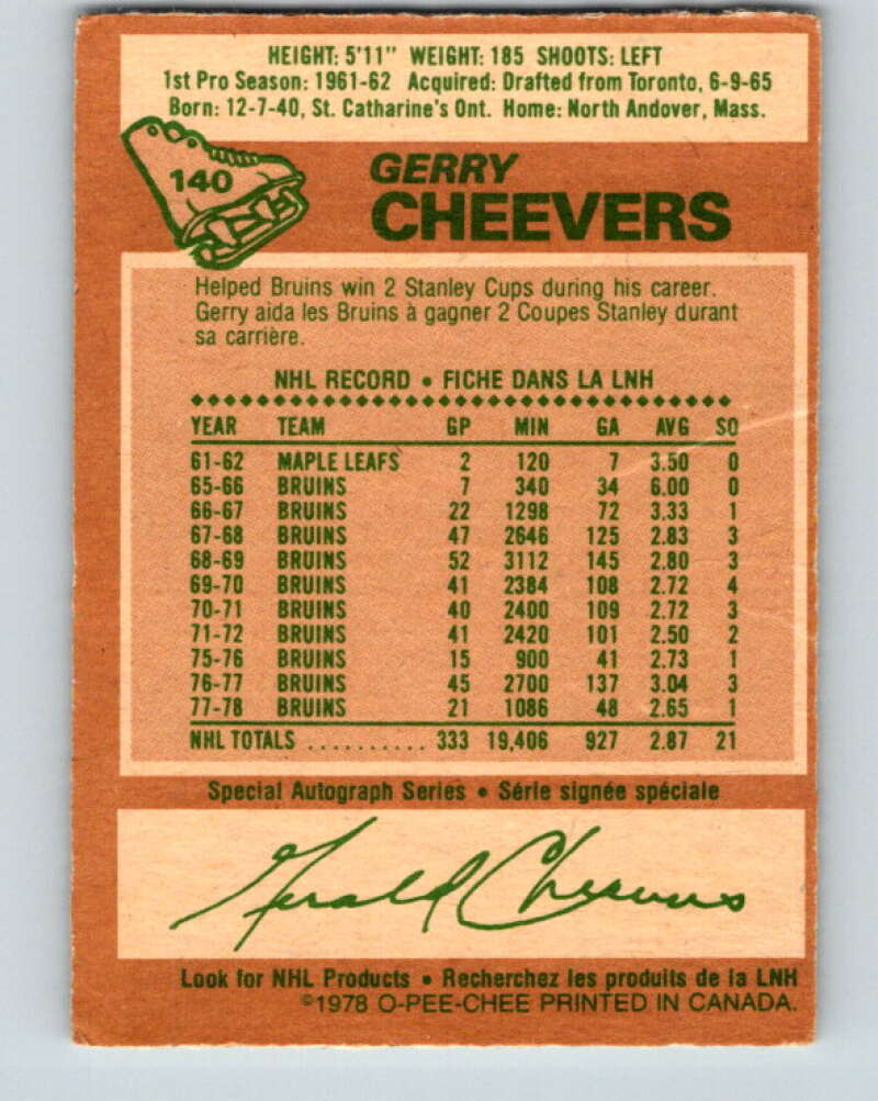 1978-79 O-Pee-Chee #140 Gerry Cheevers  Boston Bruins  V22883