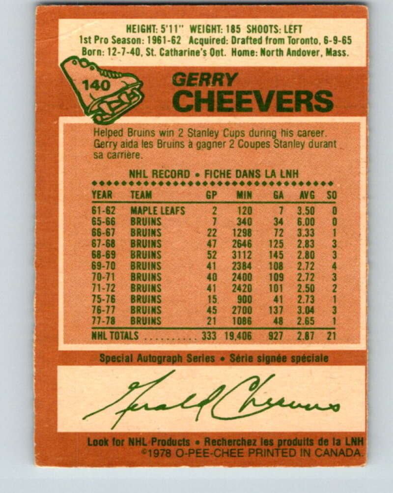 1978-79 O-Pee-Chee #140 Gerry Cheevers  Boston Bruins  V22884