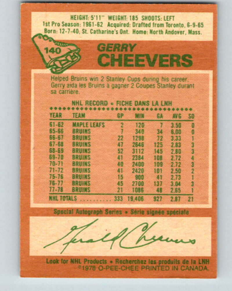 1978-79 O-Pee-Chee #140 Gerry Cheevers  Boston Bruins  V22885