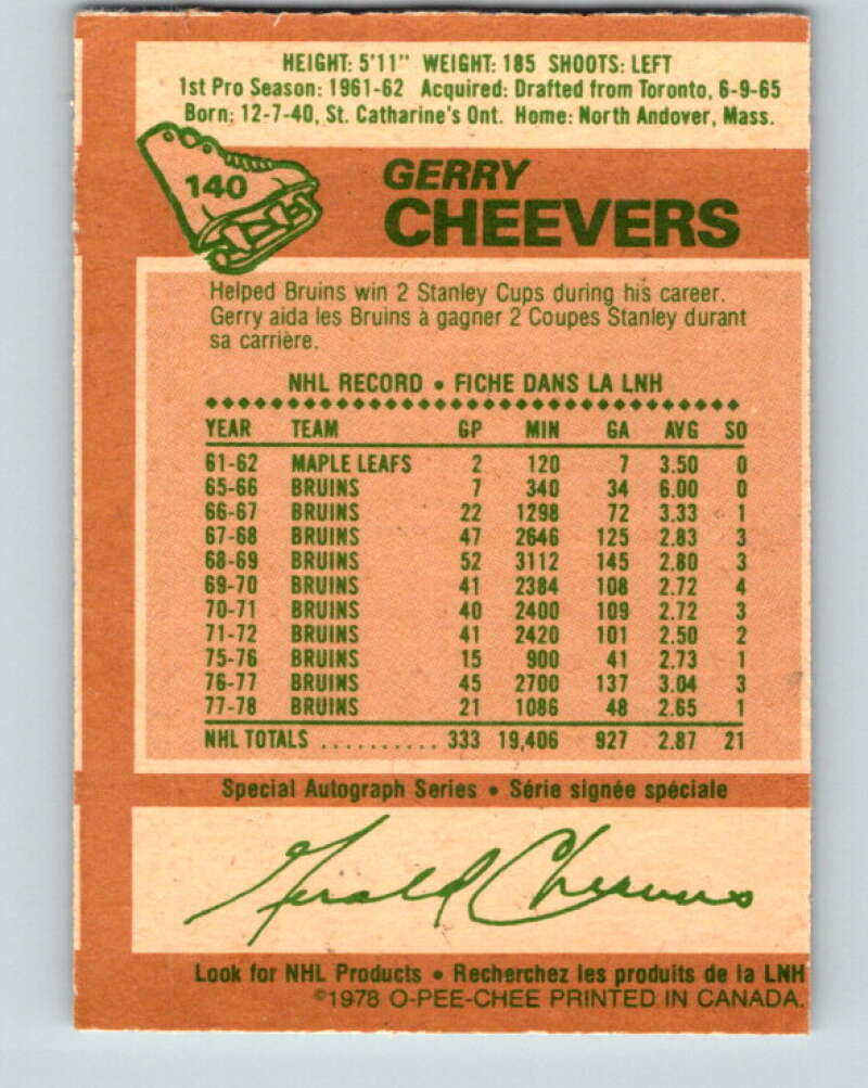 1978-79 O-Pee-Chee #140 Gerry Cheevers  Boston Bruins  V22888