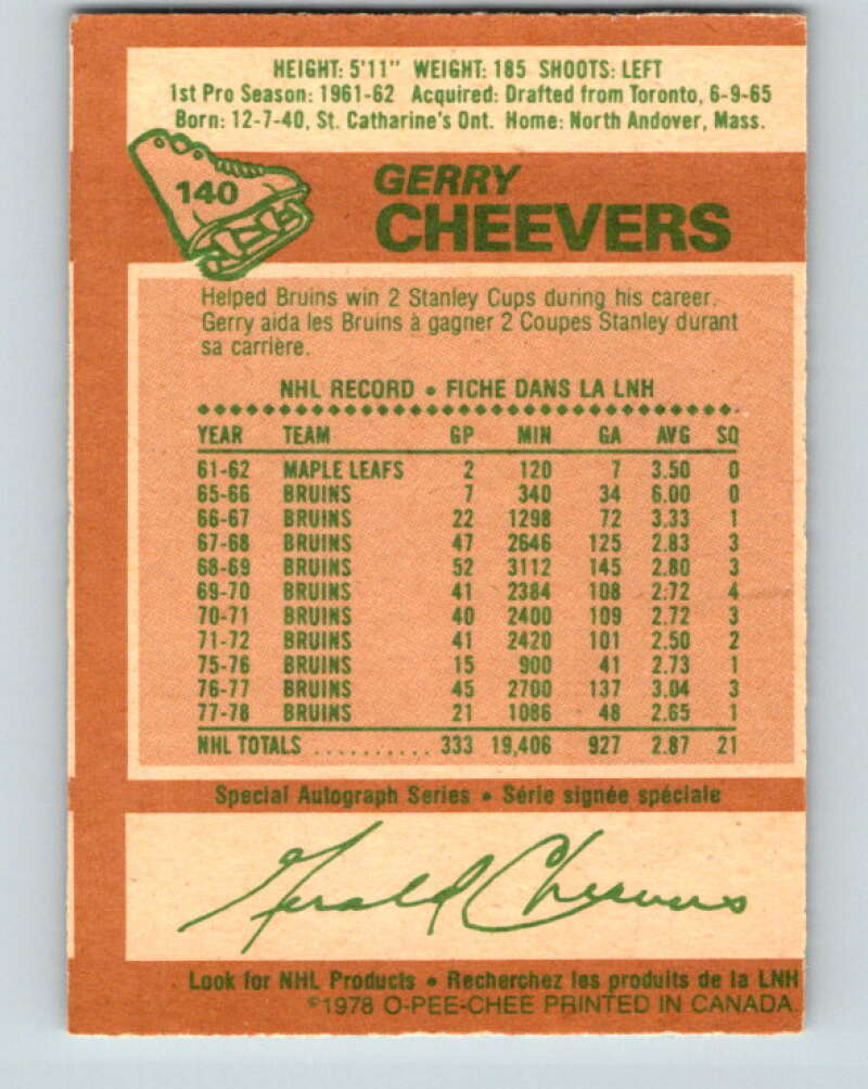 1978-79 O-Pee-Chee #140 Gerry Cheevers  Boston Bruins  V22890