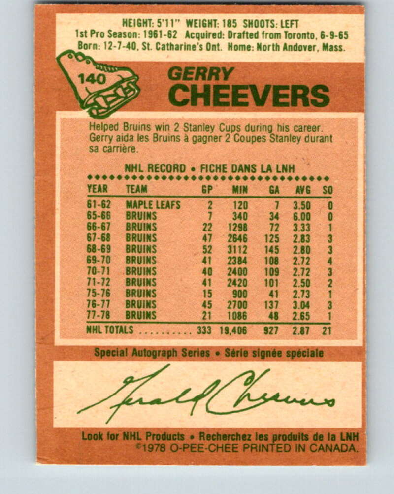 1978-79 O-Pee-Chee #140 Gerry Cheevers  Boston Bruins  V22892