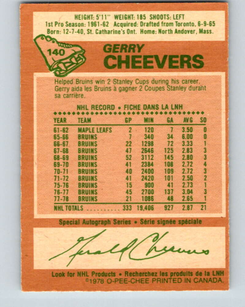 1978-79 O-Pee-Chee #140 Gerry Cheevers  Boston Bruins  V22894