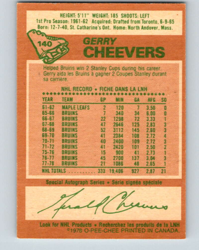 1978-79 O-Pee-Chee #140 Gerry Cheevers  Boston Bruins  V22895