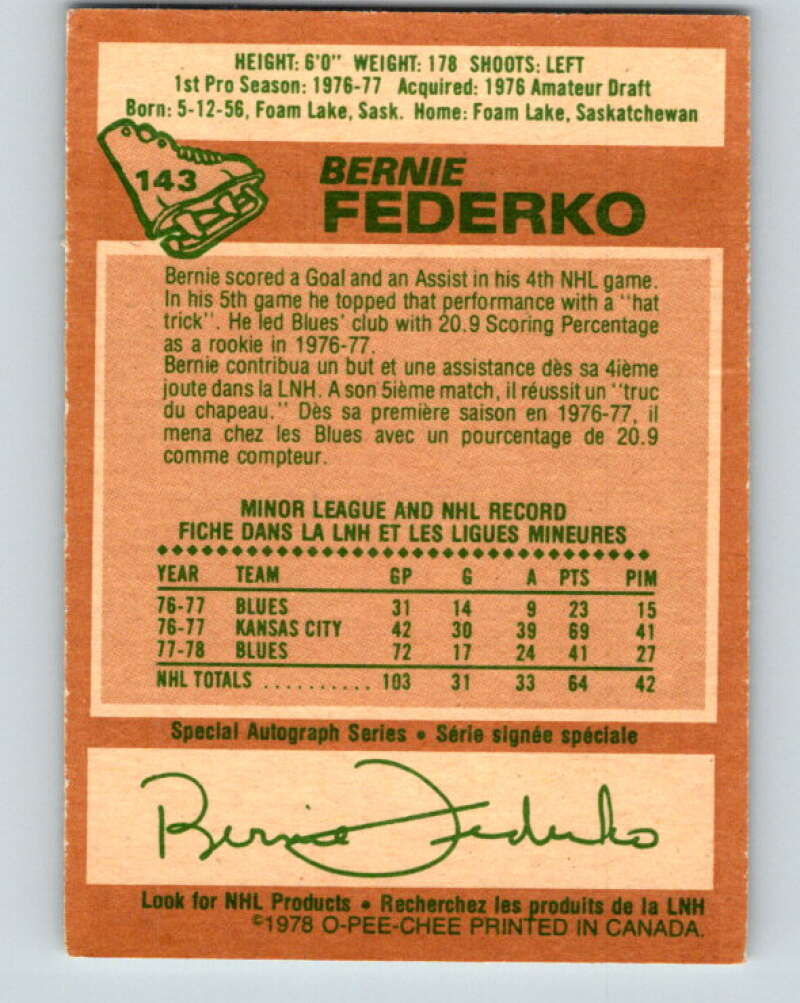 1978-79 O-Pee-Chee #143 Bernie Federko RC Rookie Blues  V22939