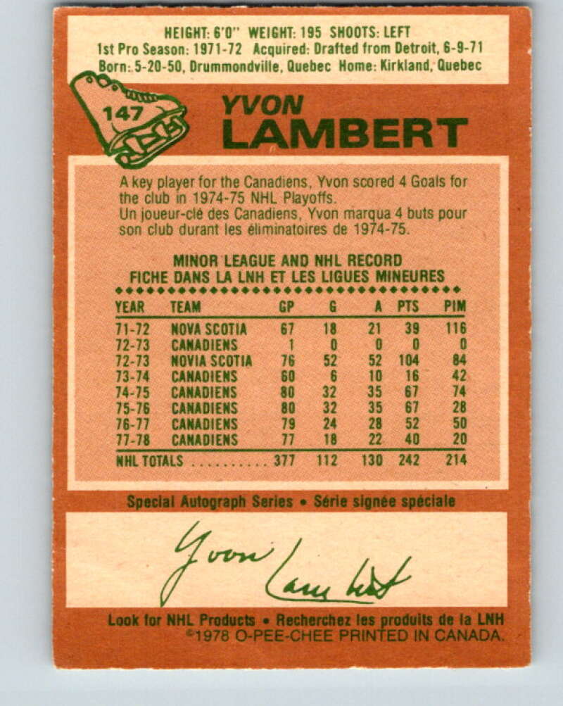 1978-79 O-Pee-Chee #147 Yvon Lambert  Montreal Canadiens  V22979